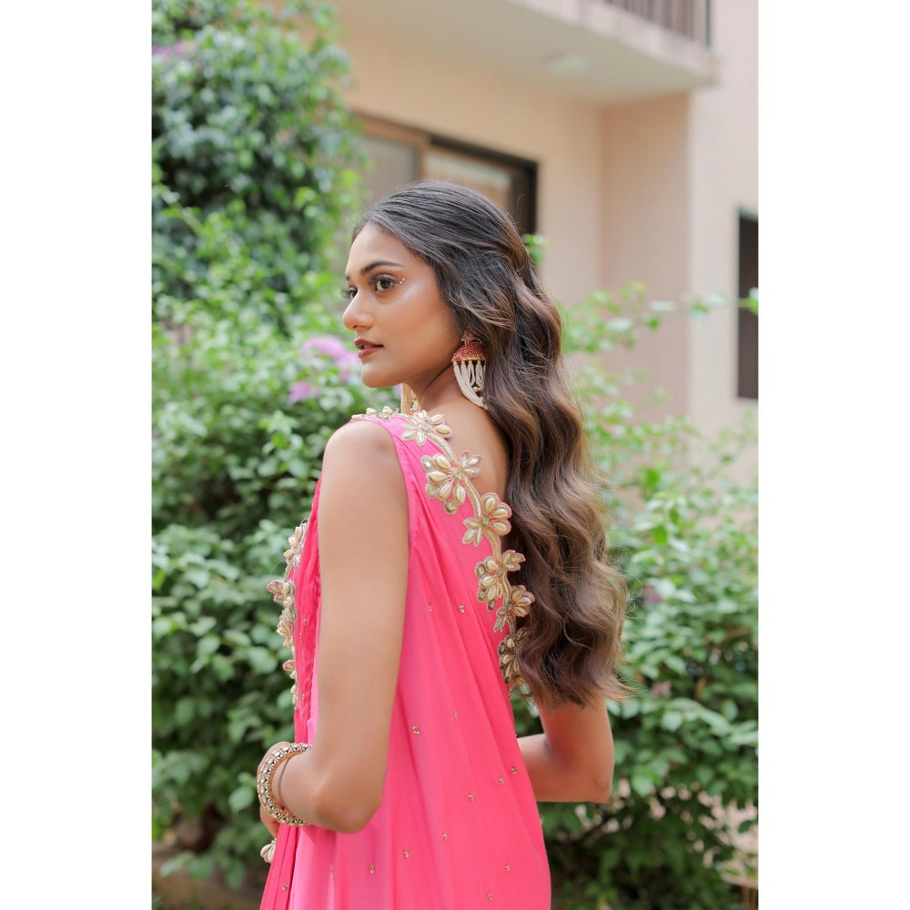 FORAM PATEL Pink Cowrie Embroidered Cape with Blouse and Palazzo (Set of 3)