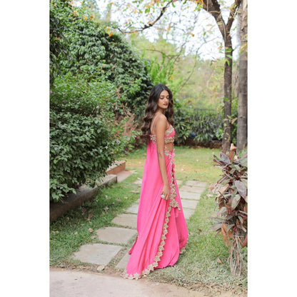 FORAM PATEL Pink Cowrie Embroidered Cape with Blouse and Palazzo (Set of 3)