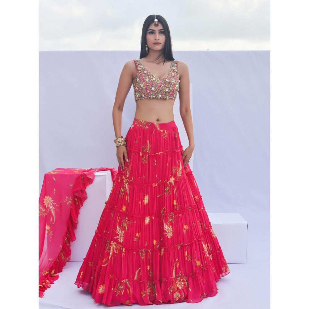 FORAM PATEL Red Floral Print Lehenga with Embroidered Blouse and Dupatta (Set of 3)