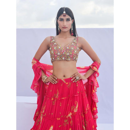 FORAM PATEL Red Floral Print Lehenga with Embroidered Blouse and Dupatta (Set of 3)