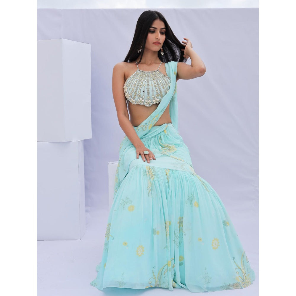 FORAM PATEL Blue Pre-Draped Ruffle Floral Print Saree with Stitched Blouse