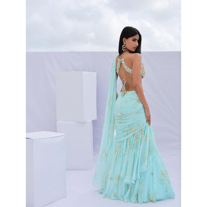 FORAM PATEL Blue Pre-Draped Ruffle Floral Print Saree with Stitched Blouse