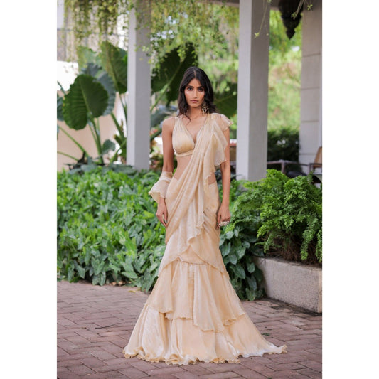 FORAM PATEL Cream Ruffle Pre-Draped Saree with Stitched Blouse