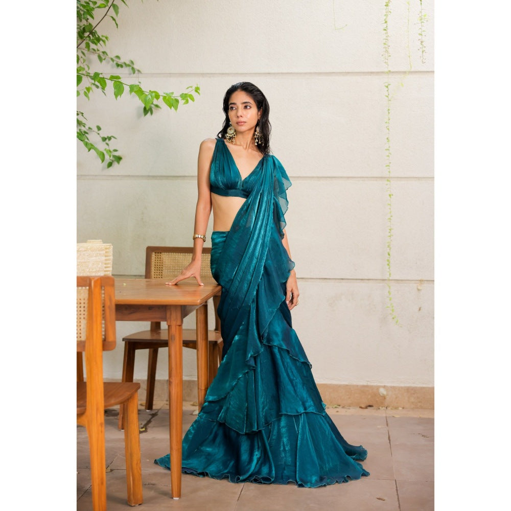 FORAM PATEL Teal Blue Ruffle Pre-Draped Saree with Stitched Blouse