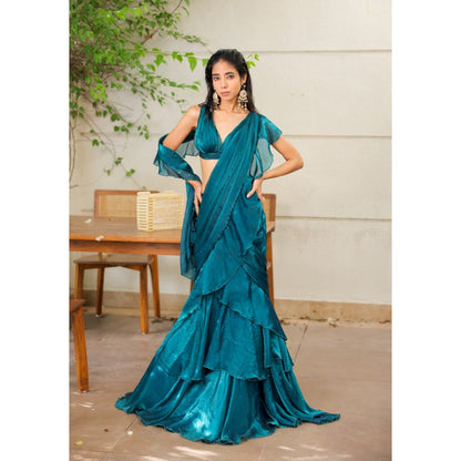 FORAM PATEL Teal Blue Ruffle Pre-Draped Saree with Stitched Blouse