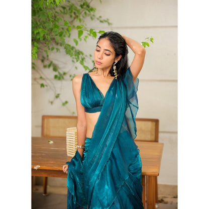 FORAM PATEL Teal Blue Ruffle Pre-Draped Saree with Stitched Blouse