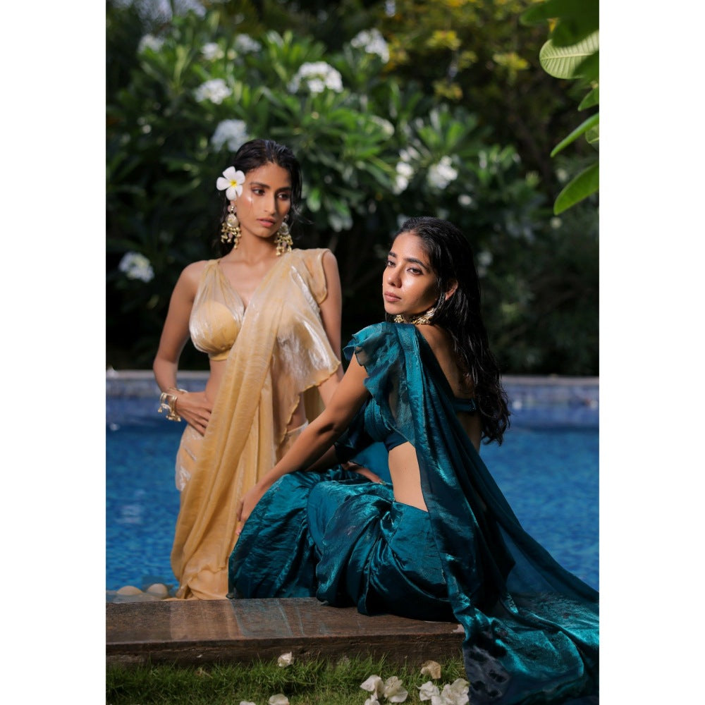 FORAM PATEL Teal Blue Ruffle Pre-Draped Saree with Stitched Blouse
