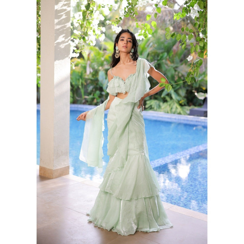 FORAM PATEL Mint Green Ruffle Draped Saree with Stitched Blouse