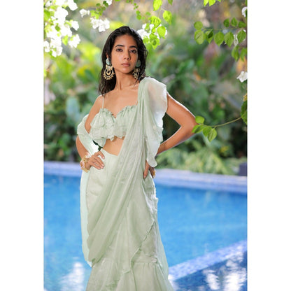 FORAM PATEL Mint Green Ruffle Draped Saree with Stitched Blouse