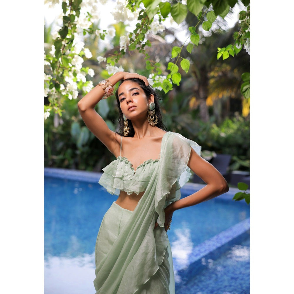 FORAM PATEL Mint Green Ruffle Draped Saree with Stitched Blouse