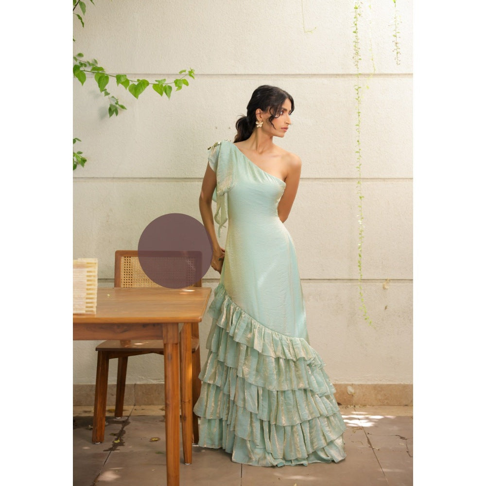 FORAM PATEL Sky Blue Ruffle One Shoulder Maxi Dress