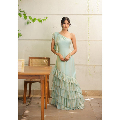 FORAM PATEL Sky Blue Ruffle One Shoulder Maxi Dress