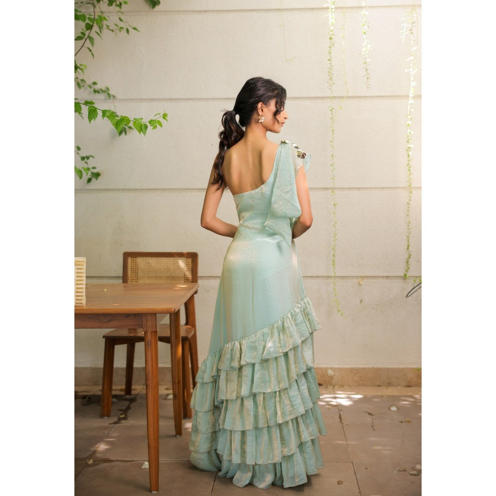 FORAM PATEL Sky Blue Ruffle One Shoulder Maxi Dress