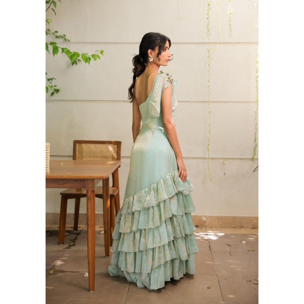 FORAM PATEL Sky Blue Ruffle One Shoulder Maxi Dress