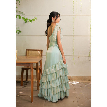 FORAM PATEL Sky Blue Ruffle One Shoulder Maxi Dress