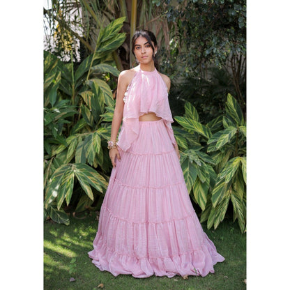 FORAM PATEL Pastel Pink Tiered Skirt with Crop Top (Set of 2)