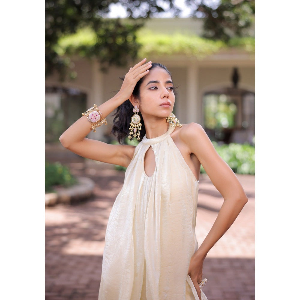 FORAM PATEL Cream Shimmer Pleated Jumpsuit