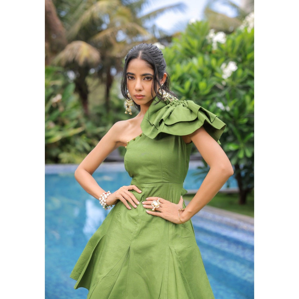 FORAM PATEL Olive Green One Shoulder Mini Dress