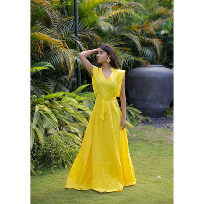 FORAM PATEL Yellow Maxi Dress with Belt (Set of 2)
