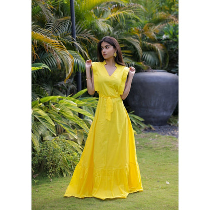 FORAM PATEL Yellow Maxi Dress with Belt (Set of 2)