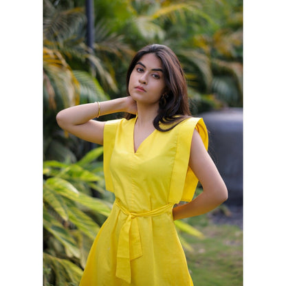 FORAM PATEL Yellow Maxi Dress with Belt (Set of 2)