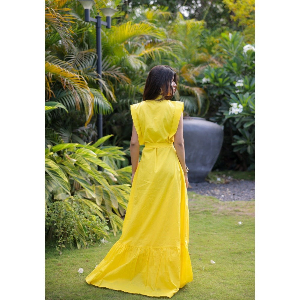 FORAM PATEL Yellow Maxi Dress with Belt (Set of 2)