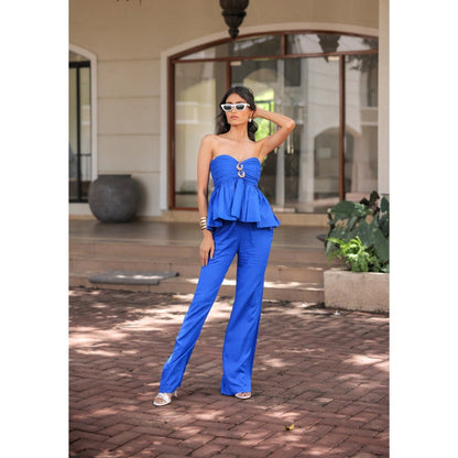 FORAM PATEL Electric Blue Peplum Top with Pant (Set of 2)