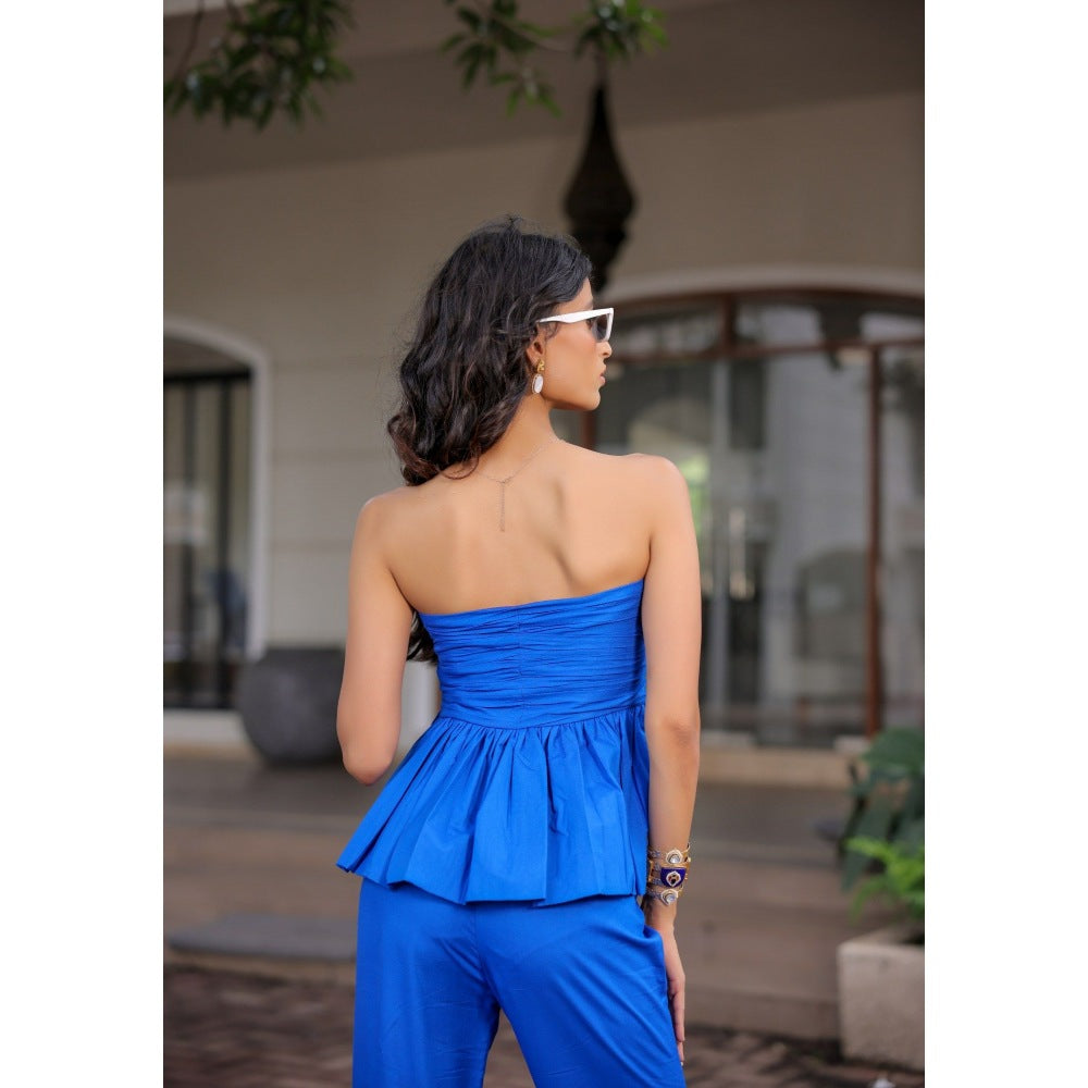 FORAM PATEL Electric Blue Peplum Top with Pant (Set of 2)