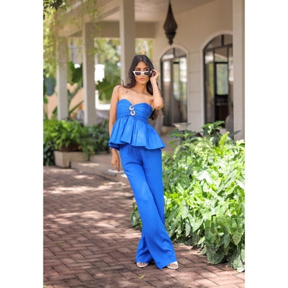 FORAM PATEL Electric Blue Peplum Top with Pant (Set of 2)