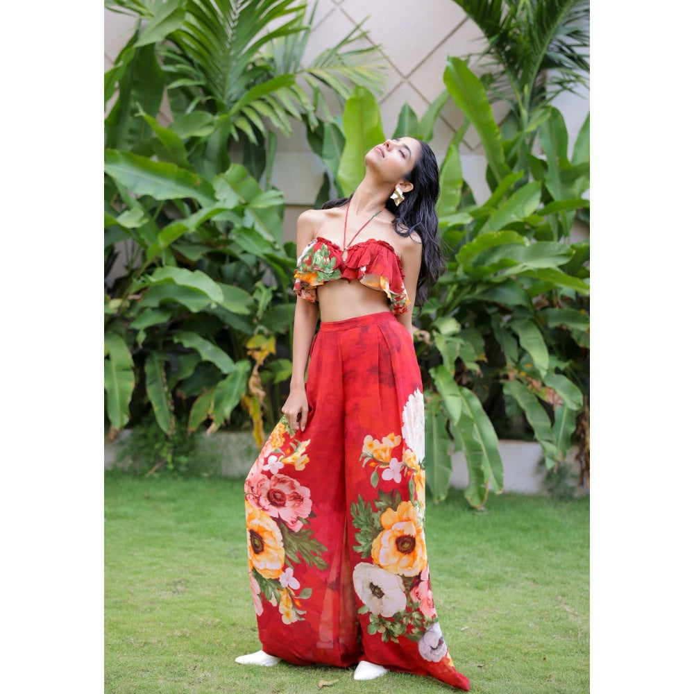 FORAM PATEL Red Floral Printed Ruffle Bustier with Pant (Set of 2)