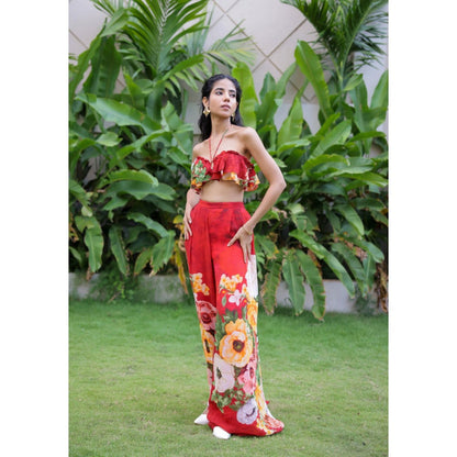 FORAM PATEL Red Floral Printed Ruffle Bustier with Pant (Set of 2)