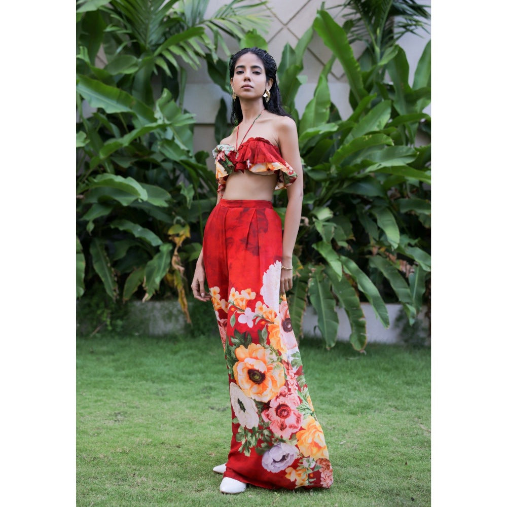FORAM PATEL Red Floral Printed Ruffle Bustier with Pant (Set of 2)