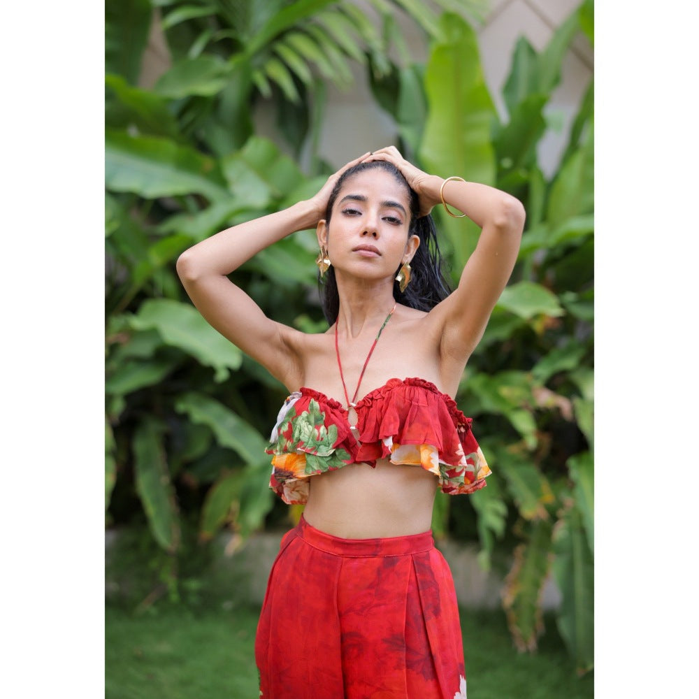 FORAM PATEL Red Floral Printed Ruffle Bustier with Pant (Set of 2)