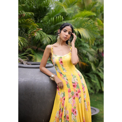FORAM PATEL Yellow Floral Printed Pleated Maxi Dress