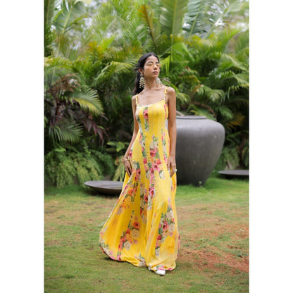 FORAM PATEL Yellow Floral Printed Pleated Maxi Dress