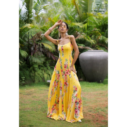 FORAM PATEL Yellow Floral Printed Pleated Maxi Dress