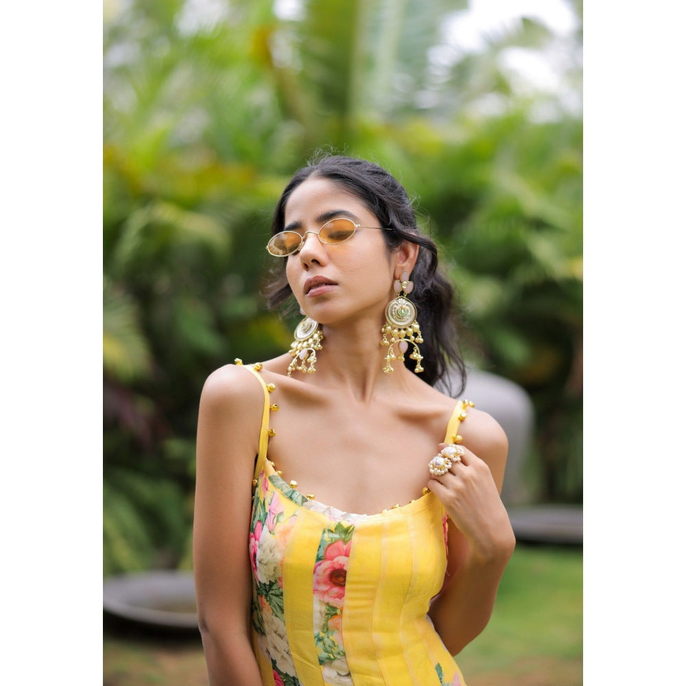 FORAM PATEL Yellow Floral Printed Pleated Maxi Dress
