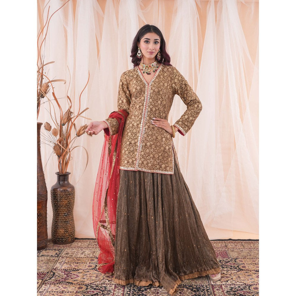 Farha Syed Brown Kurta And Skirt (Set of 3)