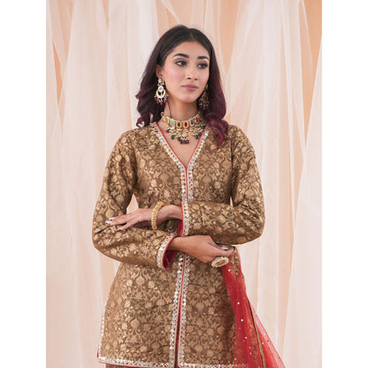 Farha Syed Brown Kurta And Skirt (Set of 3)