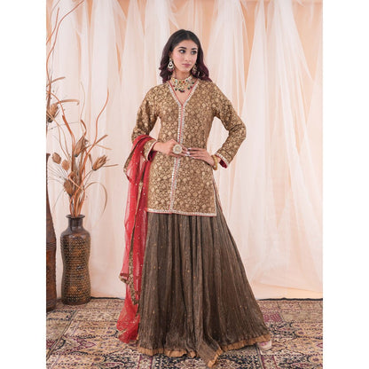 Farha Syed Brown Kurta And Skirt (Set of 3)
