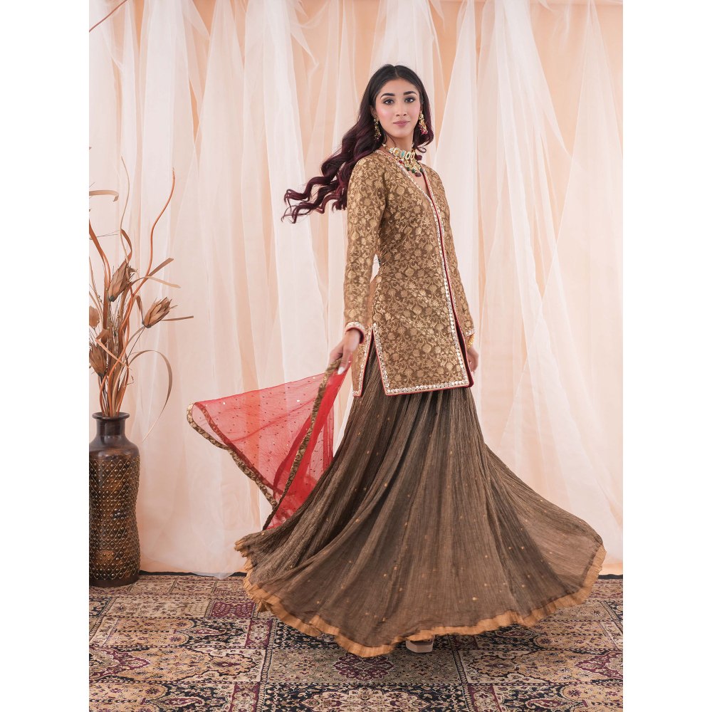 Farha Syed Brown Kurta And Skirt (Set of 3)