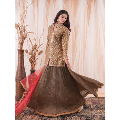 Farha Syed Brown Kurta And Skirt (Set of 3)