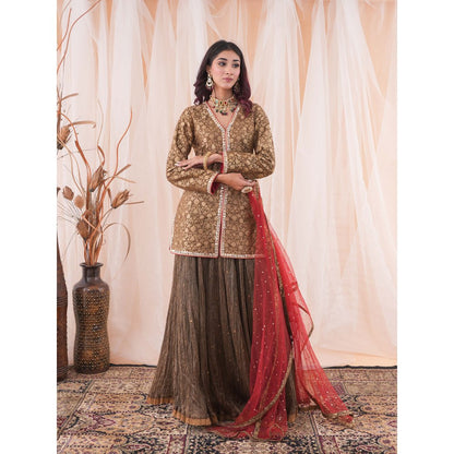 Farha Syed Brown Kurta And Skirt (Set of 3)