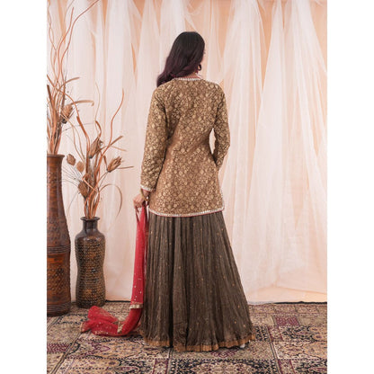 Farha Syed Brown Kurta And Skirt (Set of 3)