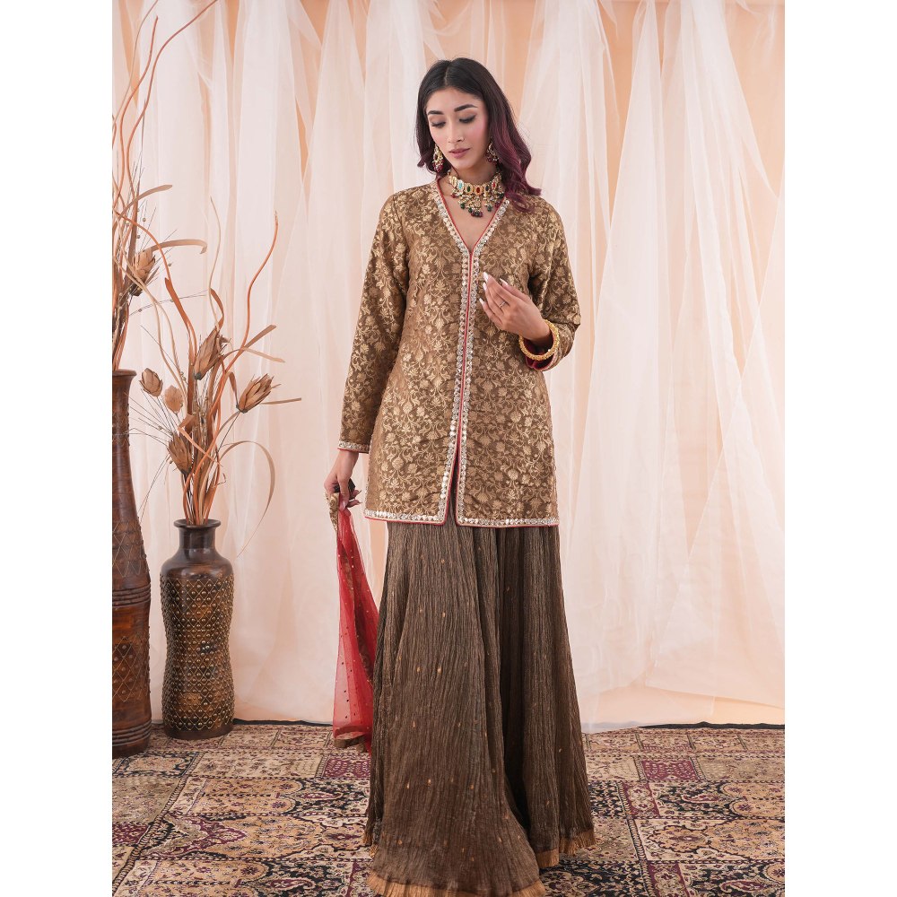 Farha Syed Brown Kurta And Skirt (Set of 3)