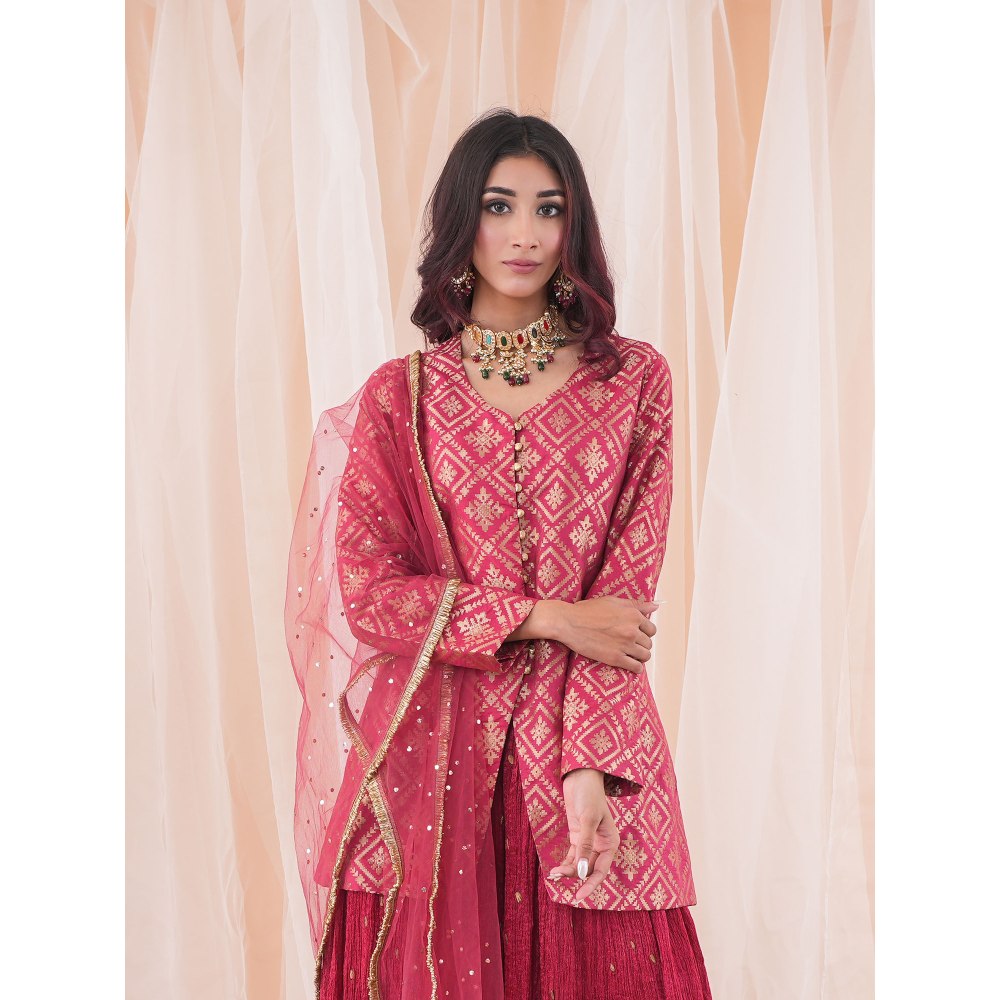 Farha Syed Red Sharara Kurta (Set of 3)