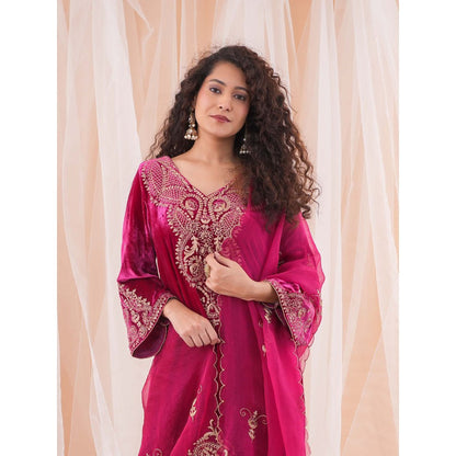 Farha Syed Raspberry Pink Kaftan Kurta with Dupatta And Pant (Set of 3)