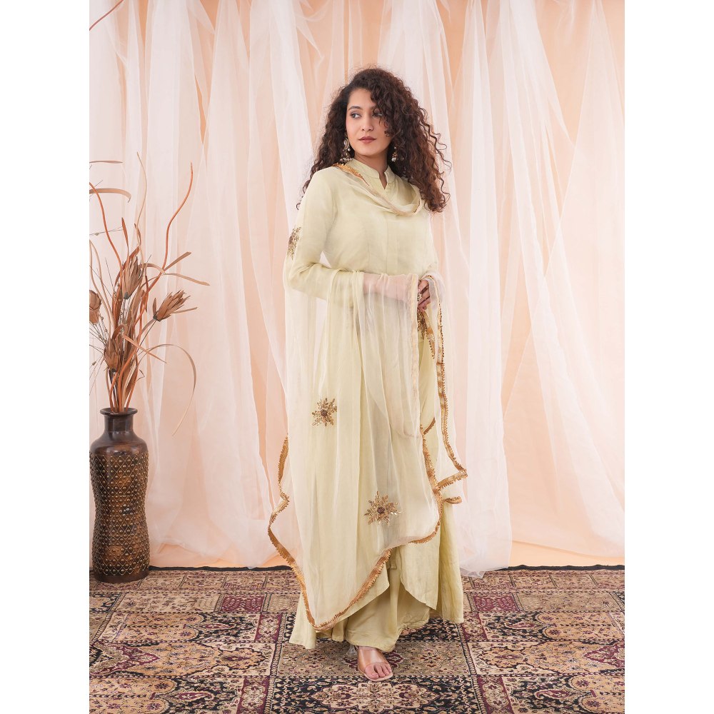 Farha Syed Beige Flared Kurta (Set of 3)