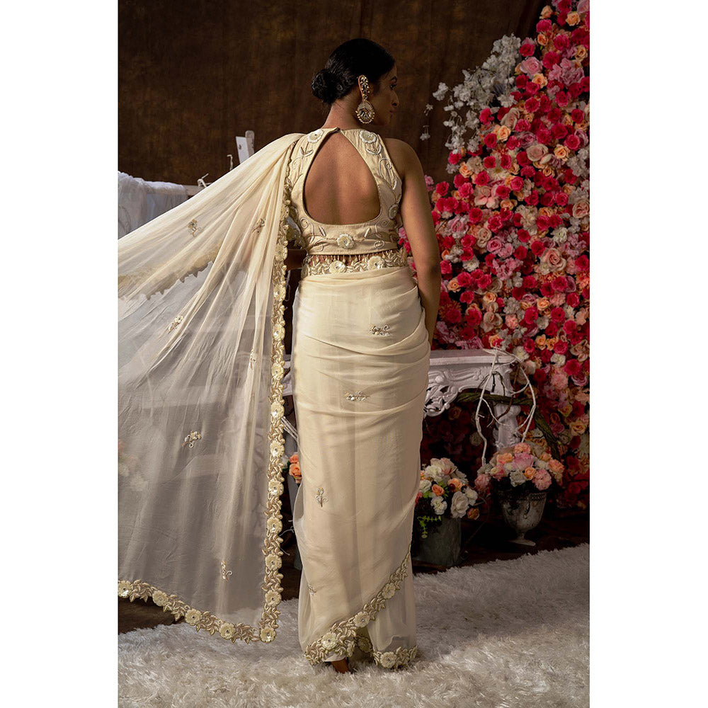 Farha Syed Beige Saree with Stitched Blouse, Petticoat, Belt and Bag