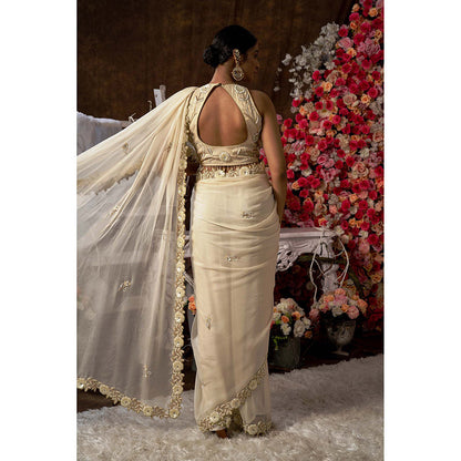 Farha Syed Beige Saree with Stitched Blouse, Petticoat, Belt and Bag